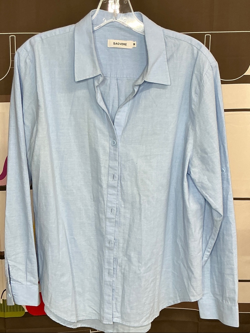 Saovere Revolve Linen Blend button down Blue shirt Sz M #2303